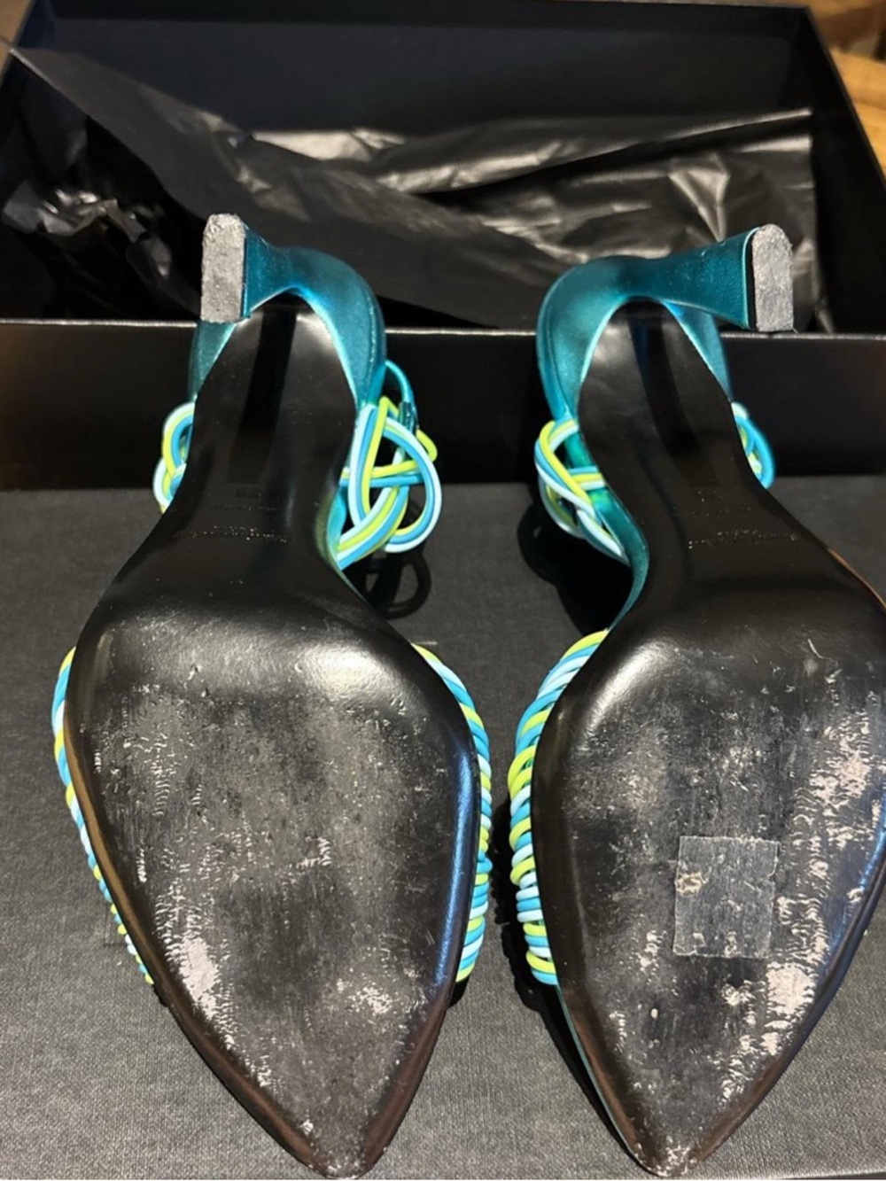 Yves Saint Laurent Turquoise Multicolor Knot-Strap Heels - Picture 3 of 4